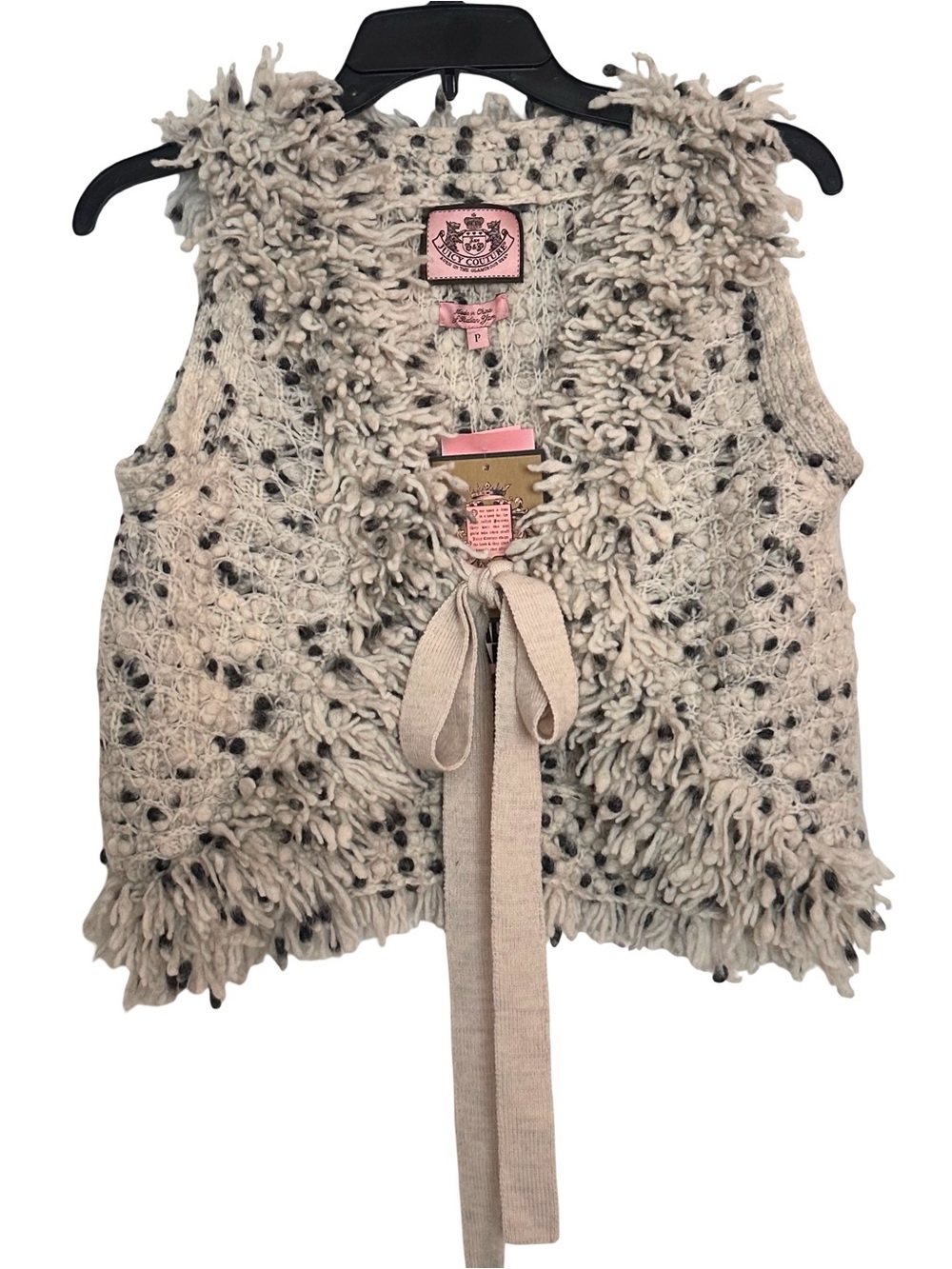 NWT Juicy Couture Grey & Ivory Shaggy Crochet Knit Vest with Front Tie Closure